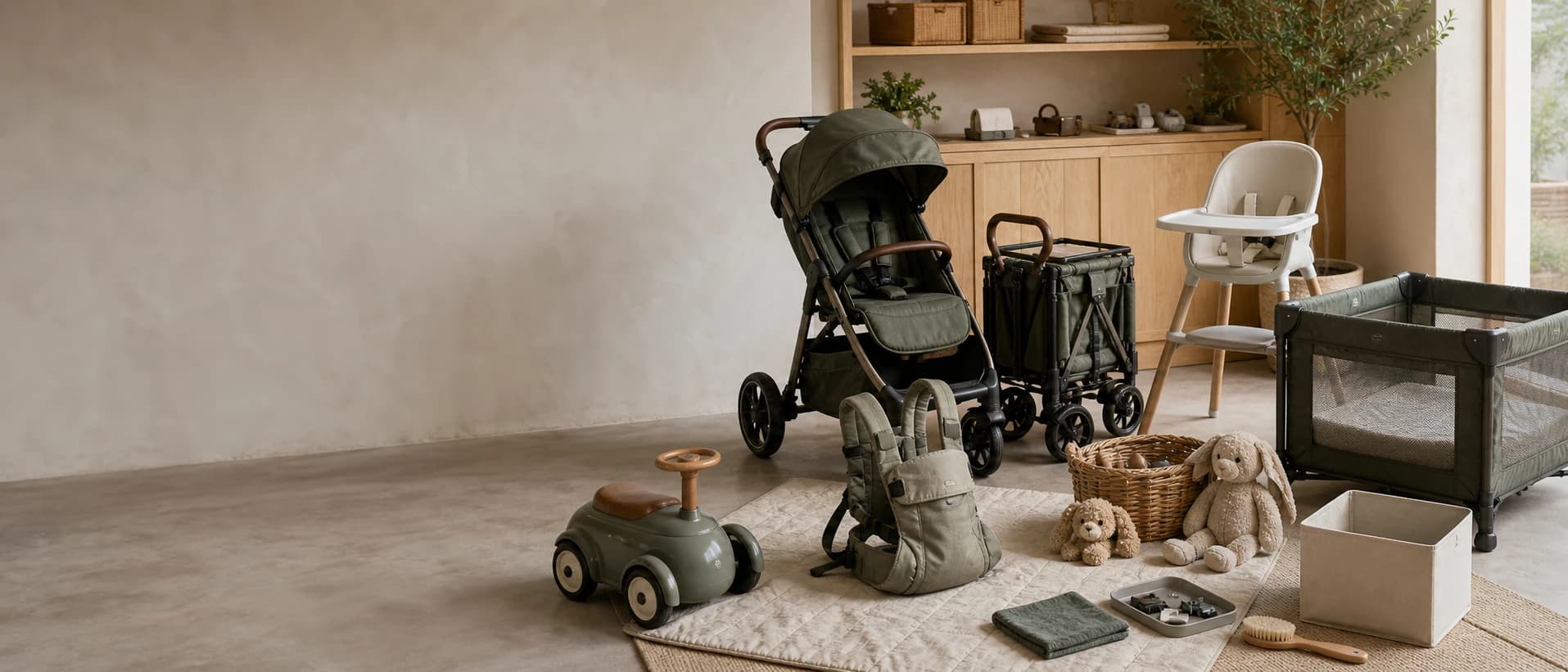 A stroller, wagon and high chair organized for the Encore rental program